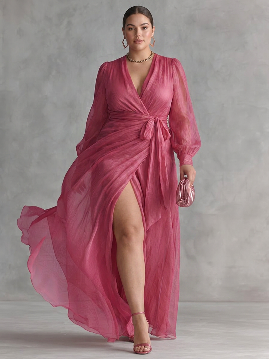 Béatrice - Robe Longue Col V en Mousseline Taille Nouée - Rose