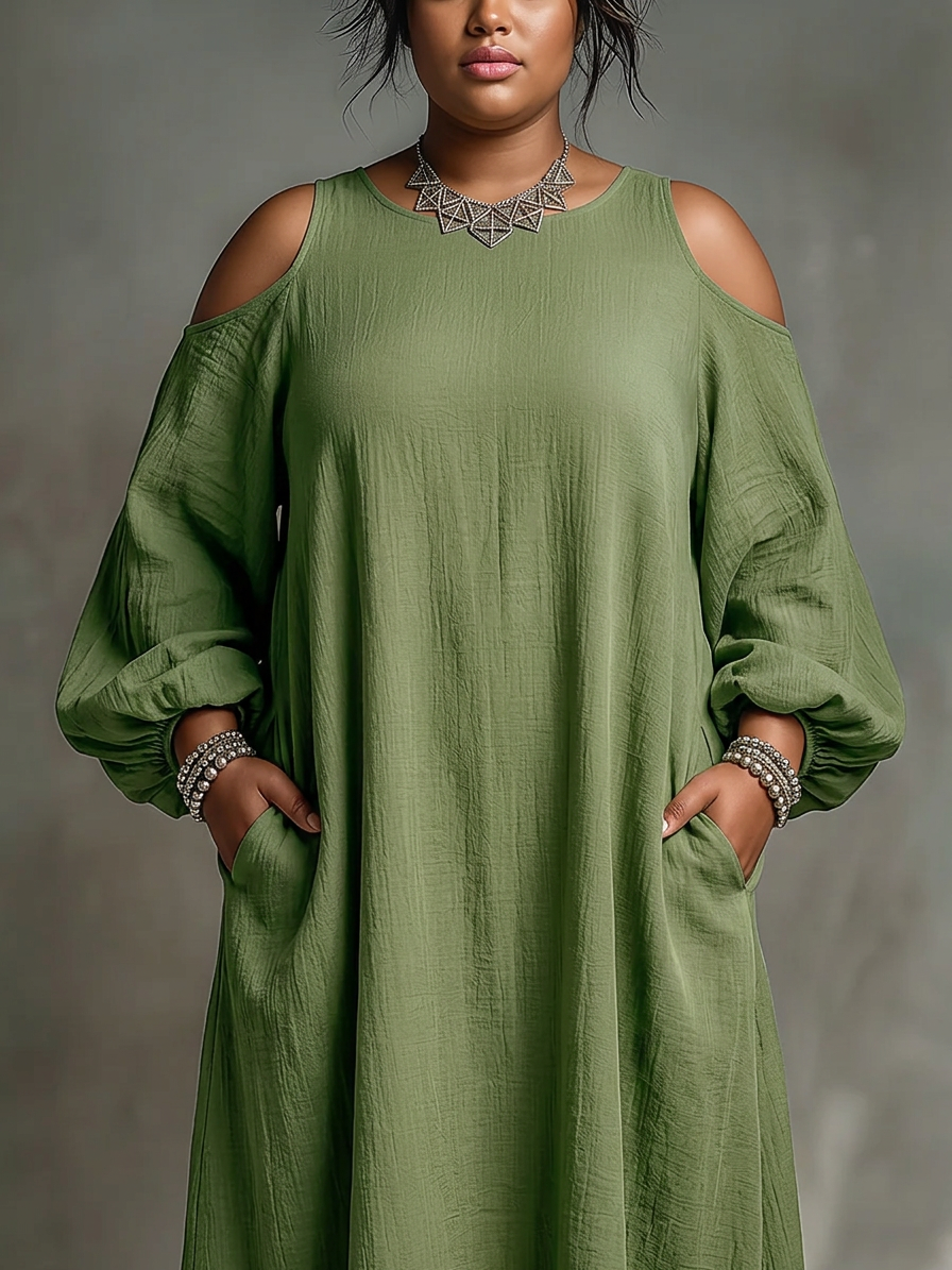 Anika - Robe Longue Épaules Dénudées Manches Bouffantes - Vert