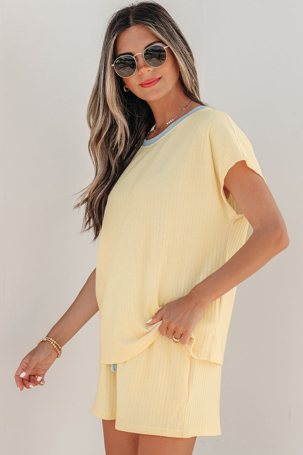 Ensemble Short Côtelé | Liseré Bicolore Crème